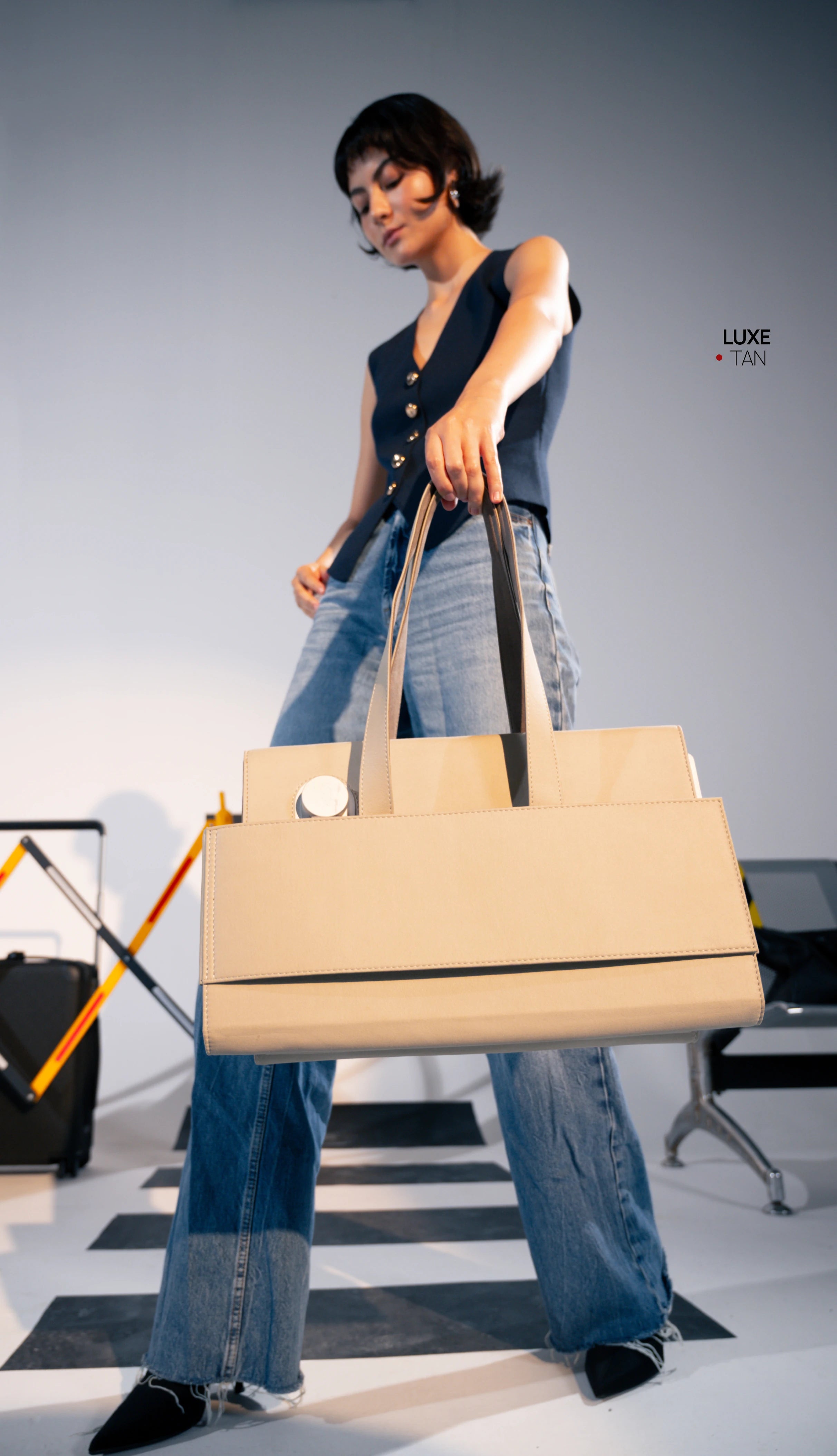 Vertical luxe tan tote 
